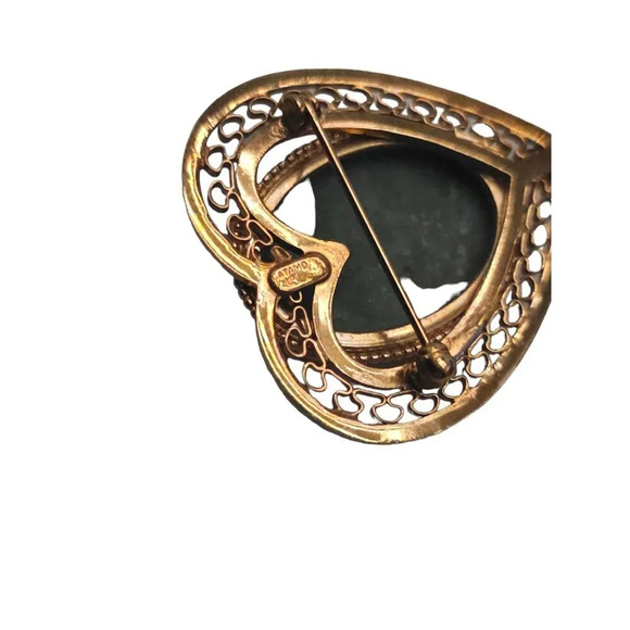 Catamore 1/20 12k Gold Filled Green Stone Heart Filigree Brooch Pin Vintage - Picture 4 of 5